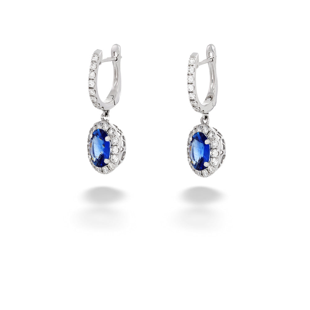 Diamond Halo Sapphire Dangle Earrings