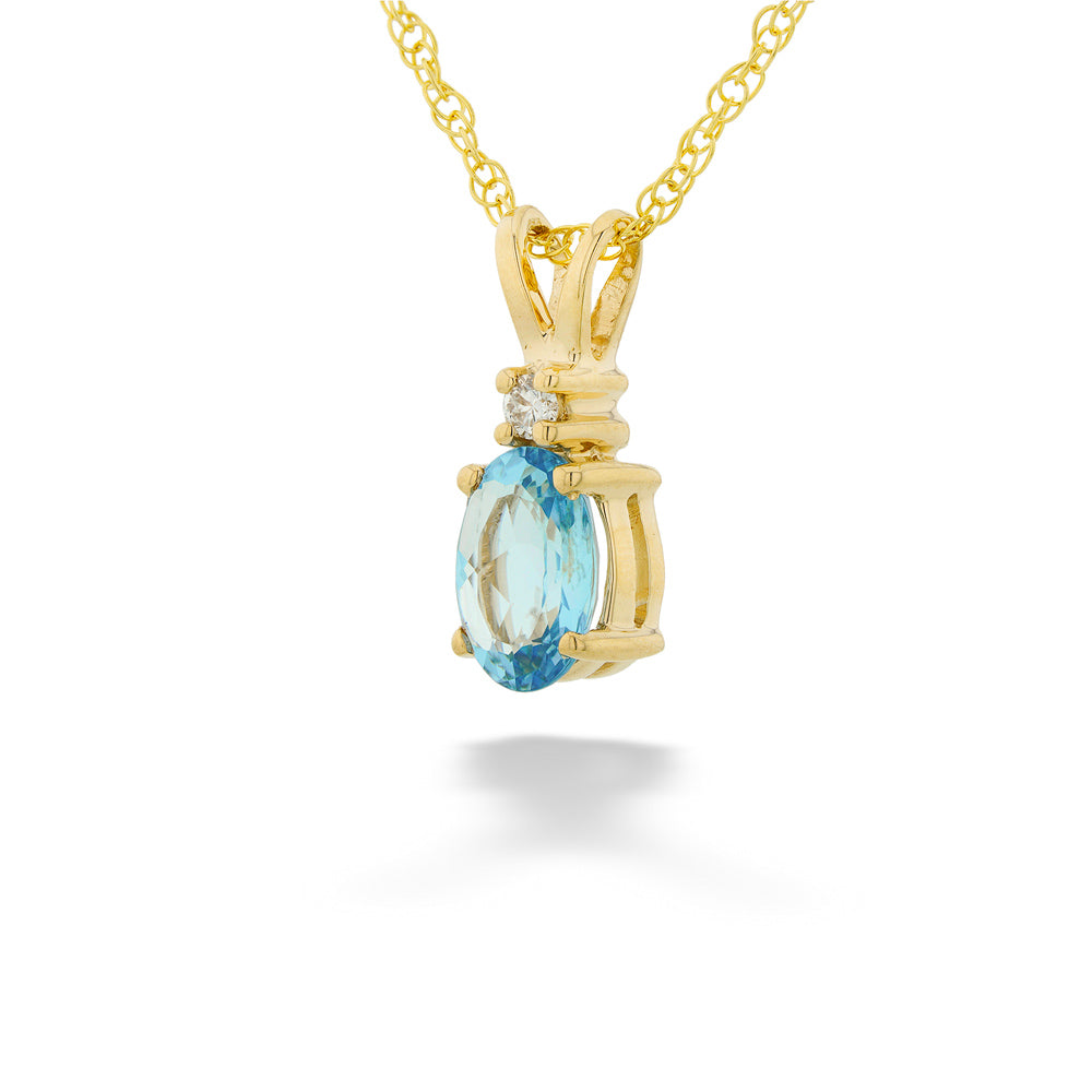 14K Yellow Gold Oval Aquamarine and Diamond Pendant and Chain