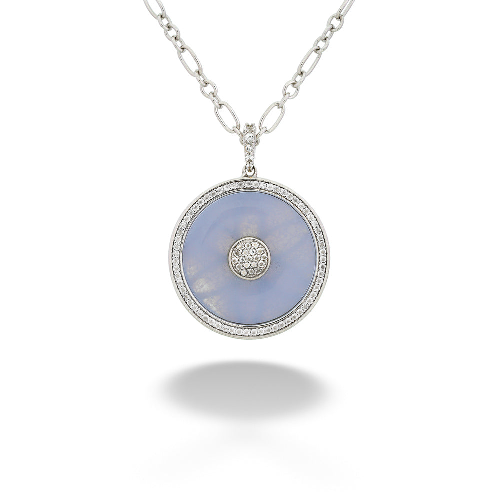 Blue Lace Agate and White Topaz Circle Pendant Necklace by Samuel B.