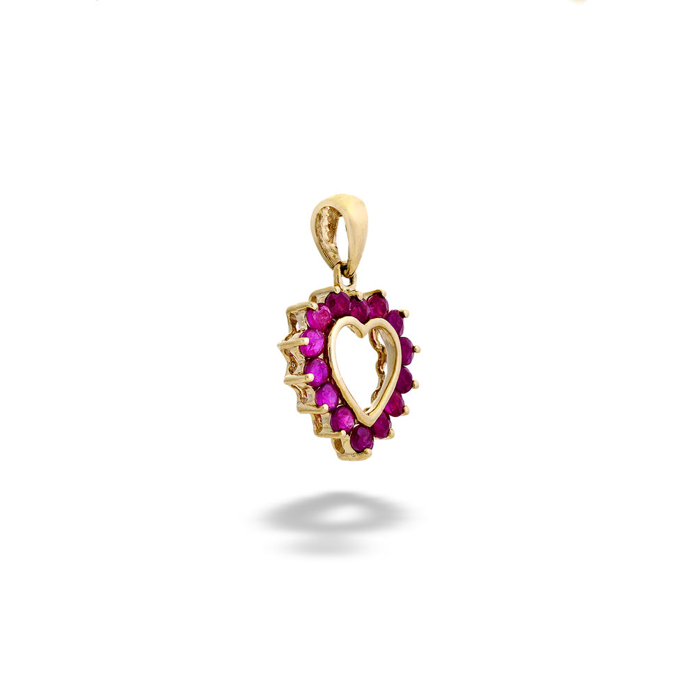 Gold pendant with red gemstones on a white background Ruby Open Heart Pendant
