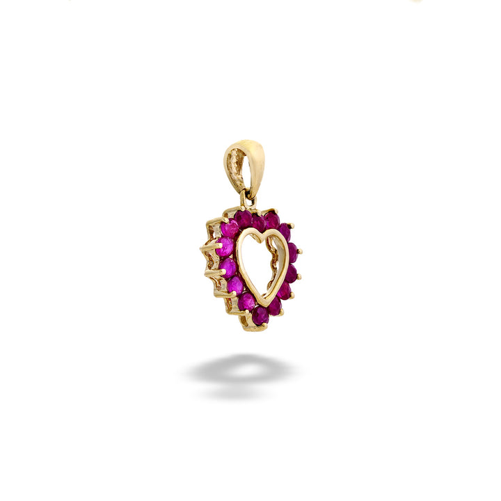 Gold pendant with red gemstones on a white background Ruby Open Heart Pendant
