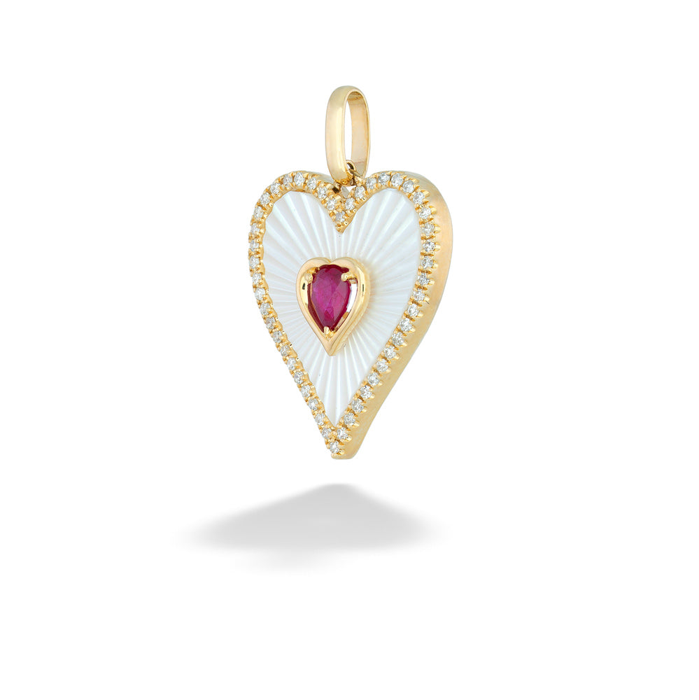 Heart-shaped pendant with a red gemstone and gold border on a white background Ruby and Mother of Pearl Heart Pendant