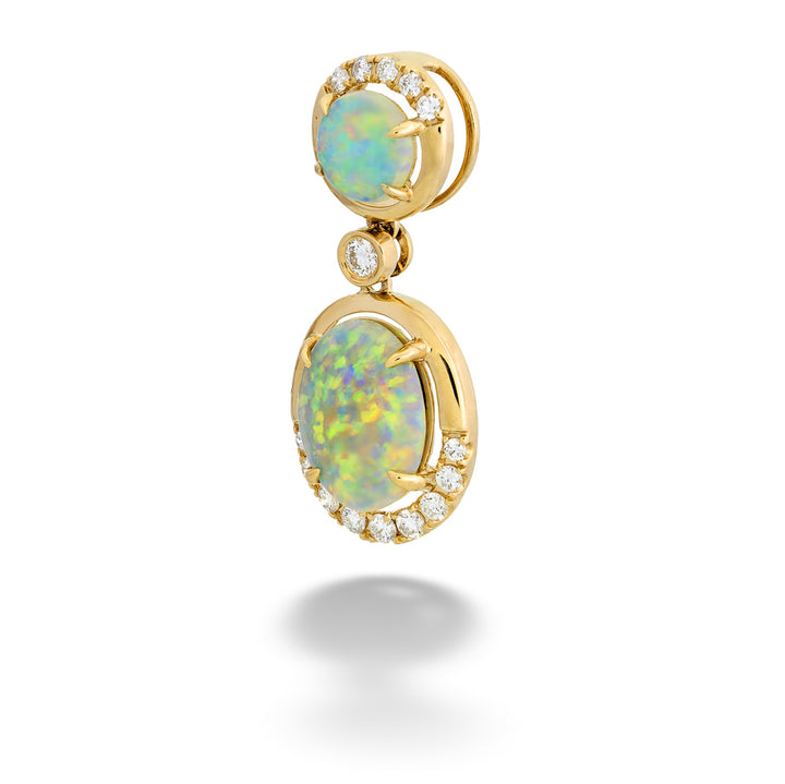 Gold pendant with opal stones and small diamonds on a white background Double Circle Opal Pendant