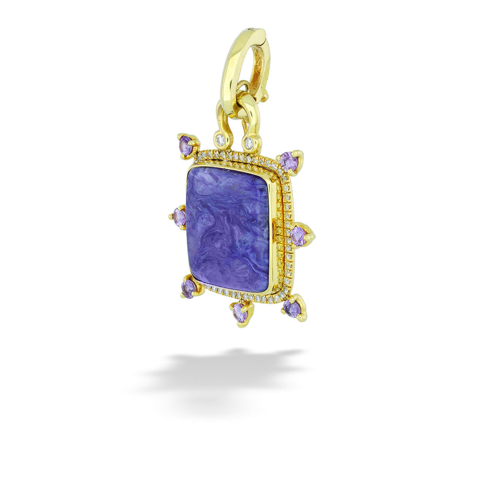 Gold pendant with a purple stone on a white background Charoite and Purple Sapphire Pendant by Mazza