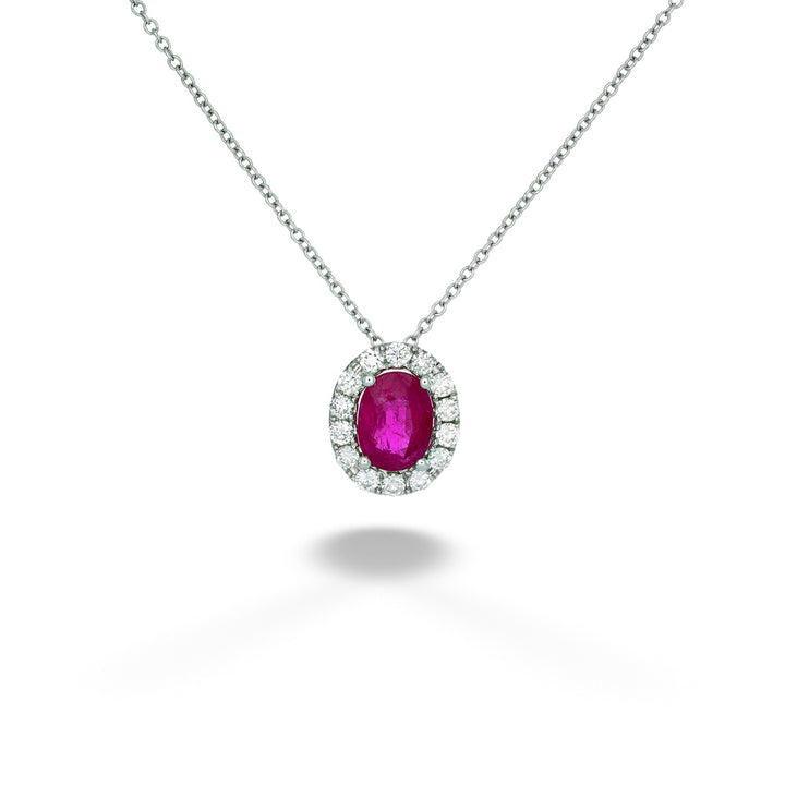 Diamond Halo Ruby Pendant Necklace