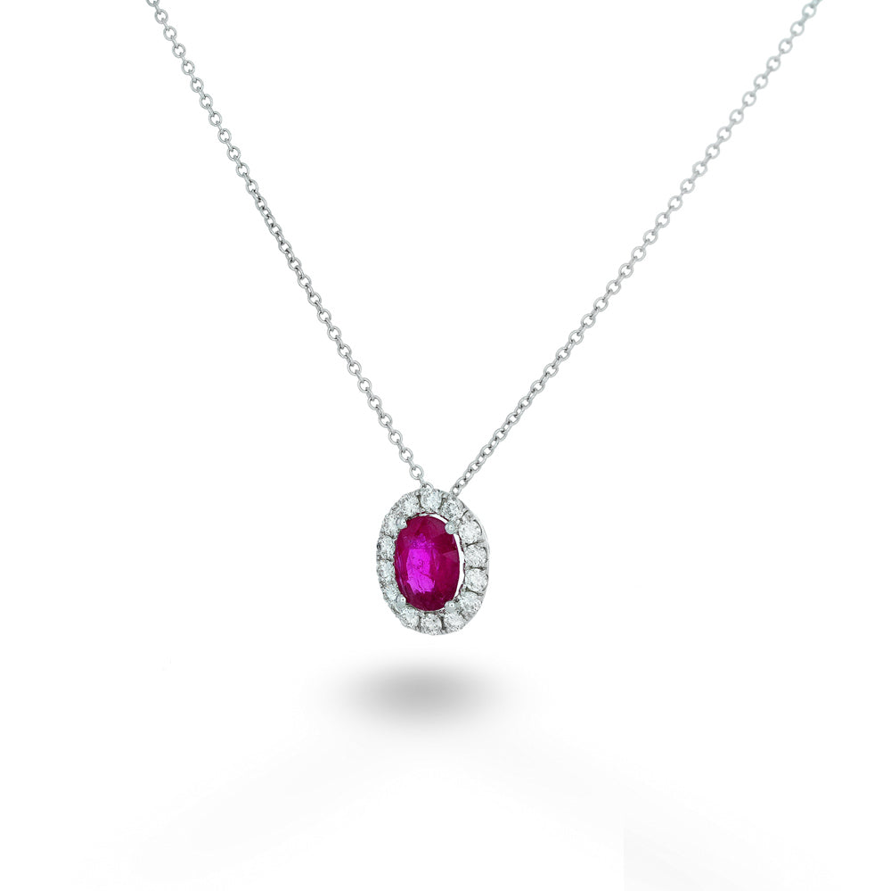 Diamond Halo Ruby Pendant Necklace