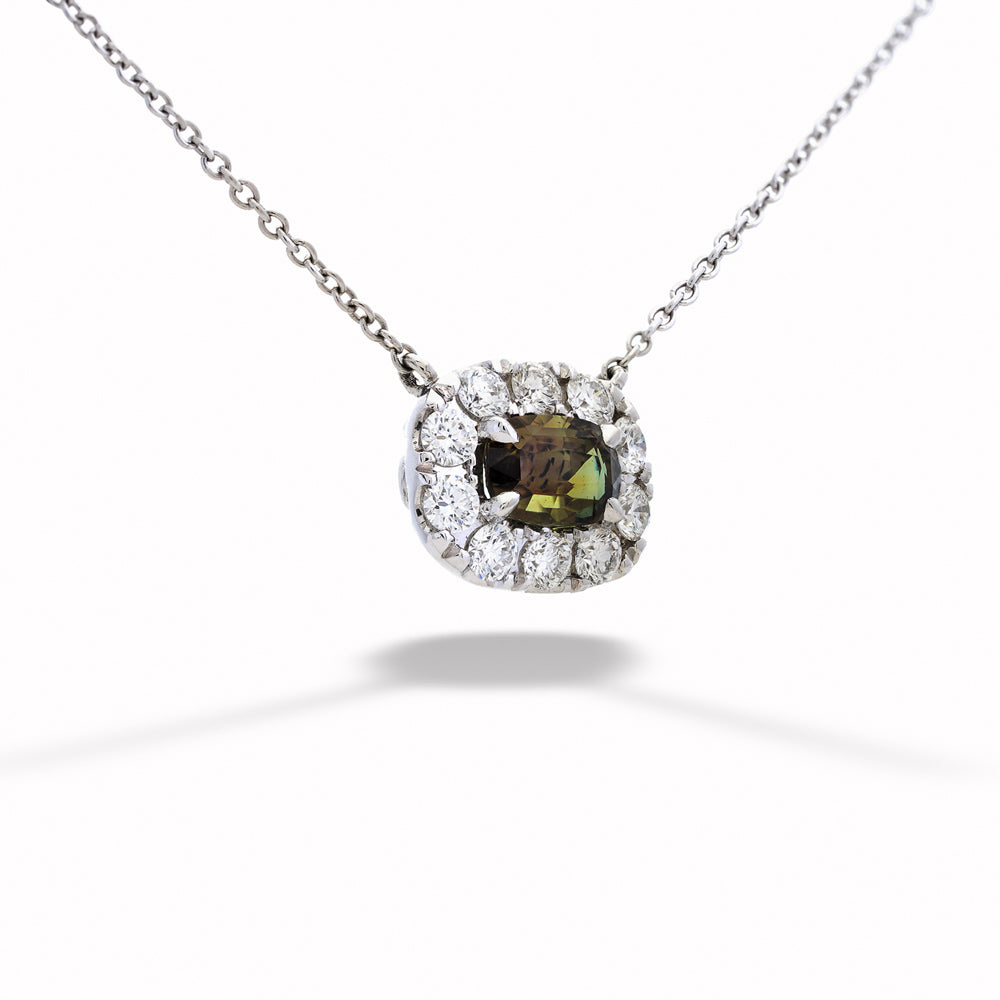 Necklace with a green gemstone and diamond accents on a white background 1.05ct Alexandrite & Diamond Necklace 