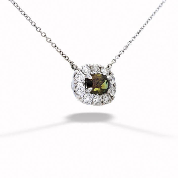 Necklace with a green gemstone and diamond accents on a white background 1.05ct Alexandrite & Diamond Necklace 