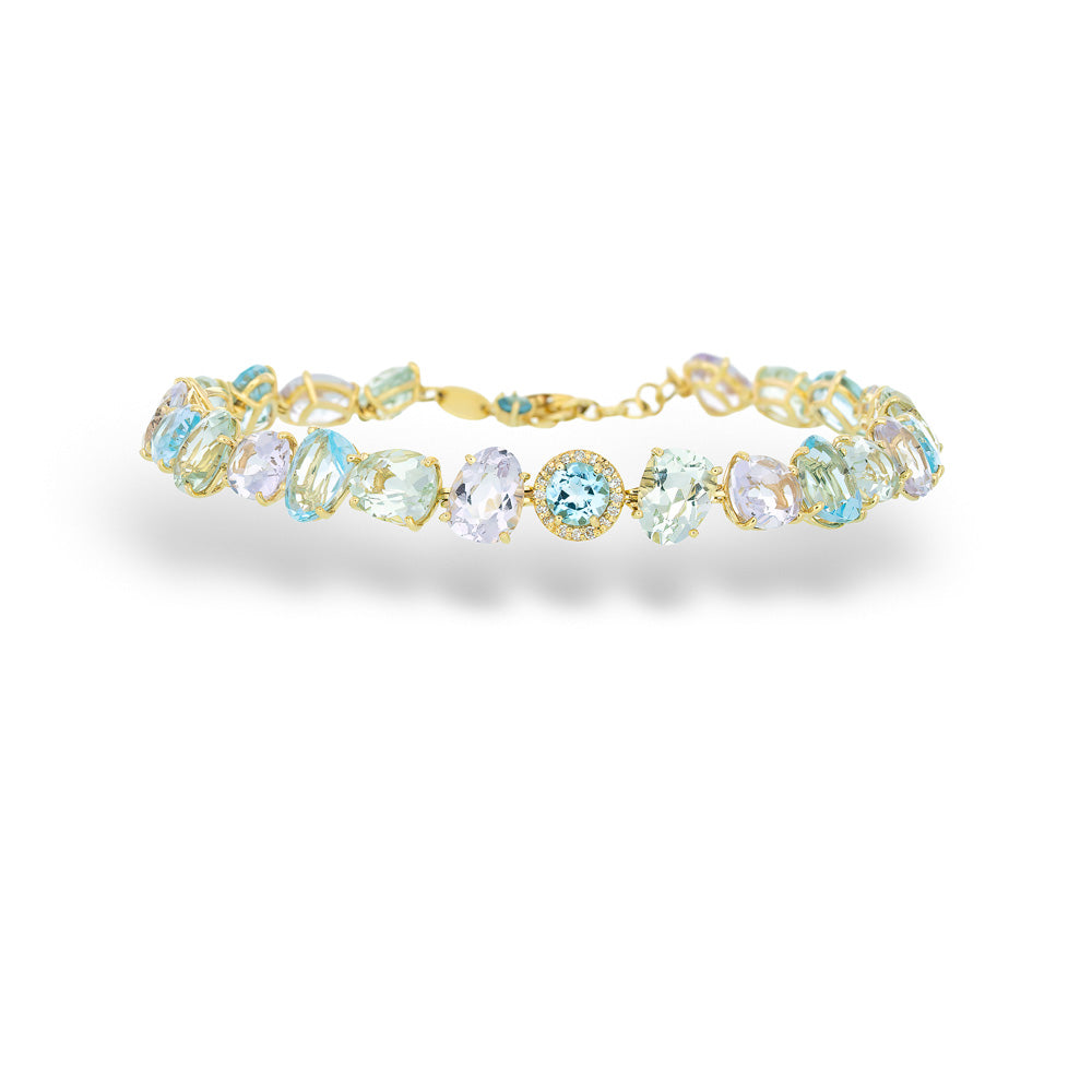 Jewelry bracelet with multicolored gemstones on a white background Rose De France Amethyst, Blue Topaz, and Paziolite Bracelet by Vianna Brasil 