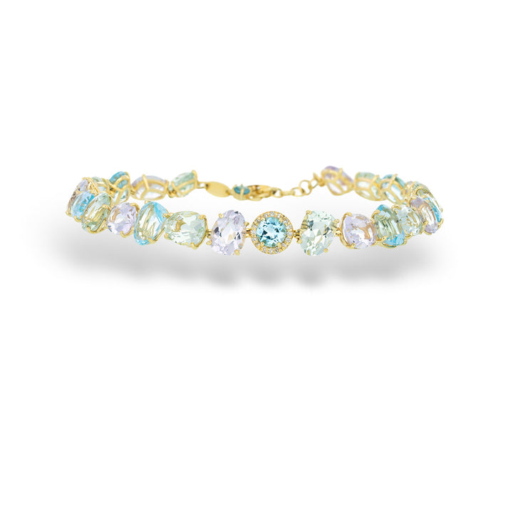 Jewelry bracelet with multicolored gemstones on a white background Rose De France Amethyst, Blue Topaz, and Paziolite Bracelet by Vianna Brasil 