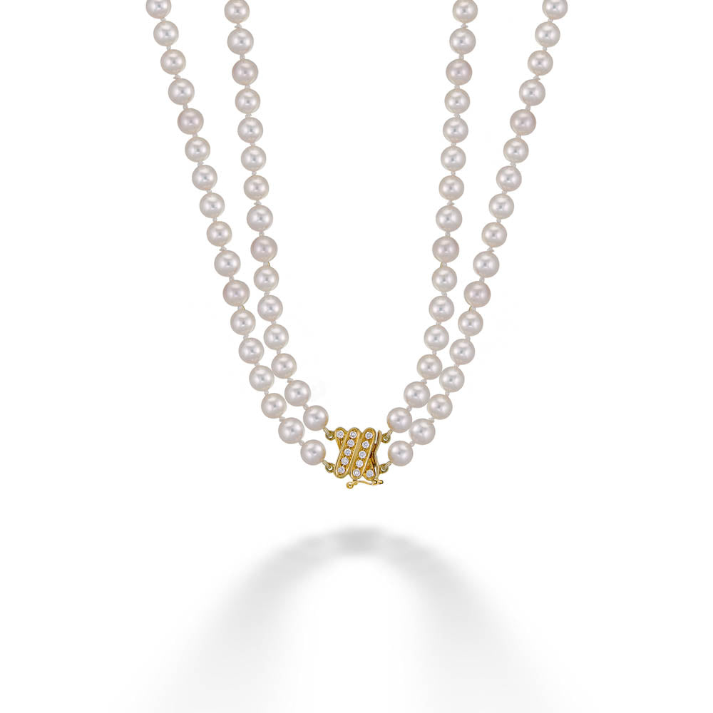 Diamond Clasp Double Pearl Strand Necklace