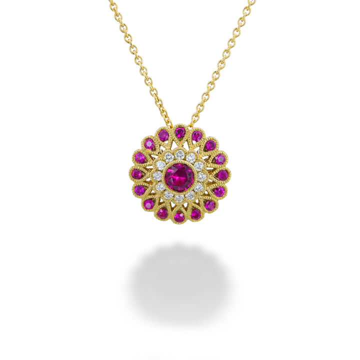 Yellow Gold Ruby & Diamond Daisy Necklace