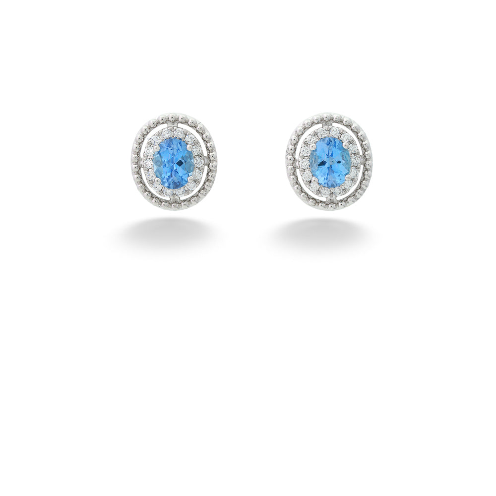 Aquamarines with Diamond Halo Beaded Edges Stud Earrings