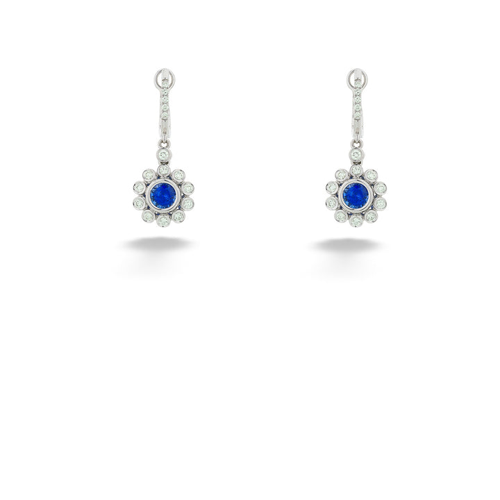 14K White Gold Blue Sapphire & Diamond Drop Earrings