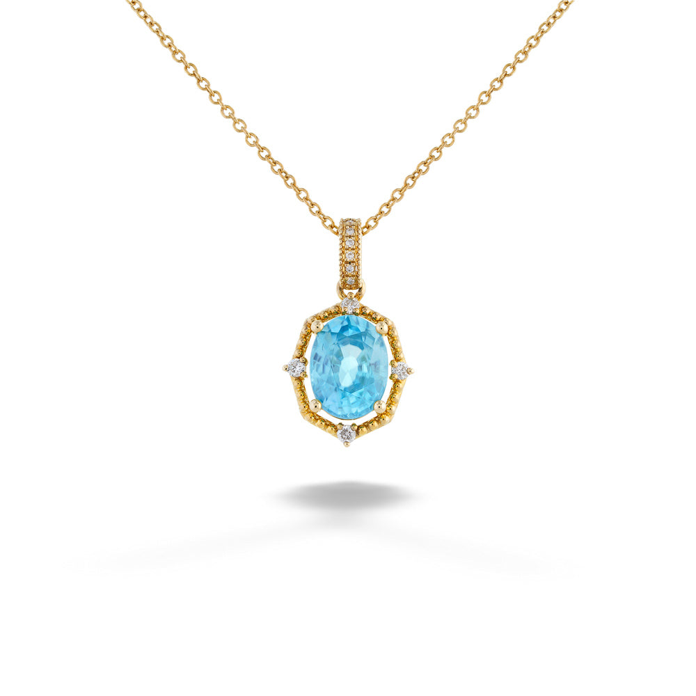  Blue Zircon and Diamond Pendant Necklace