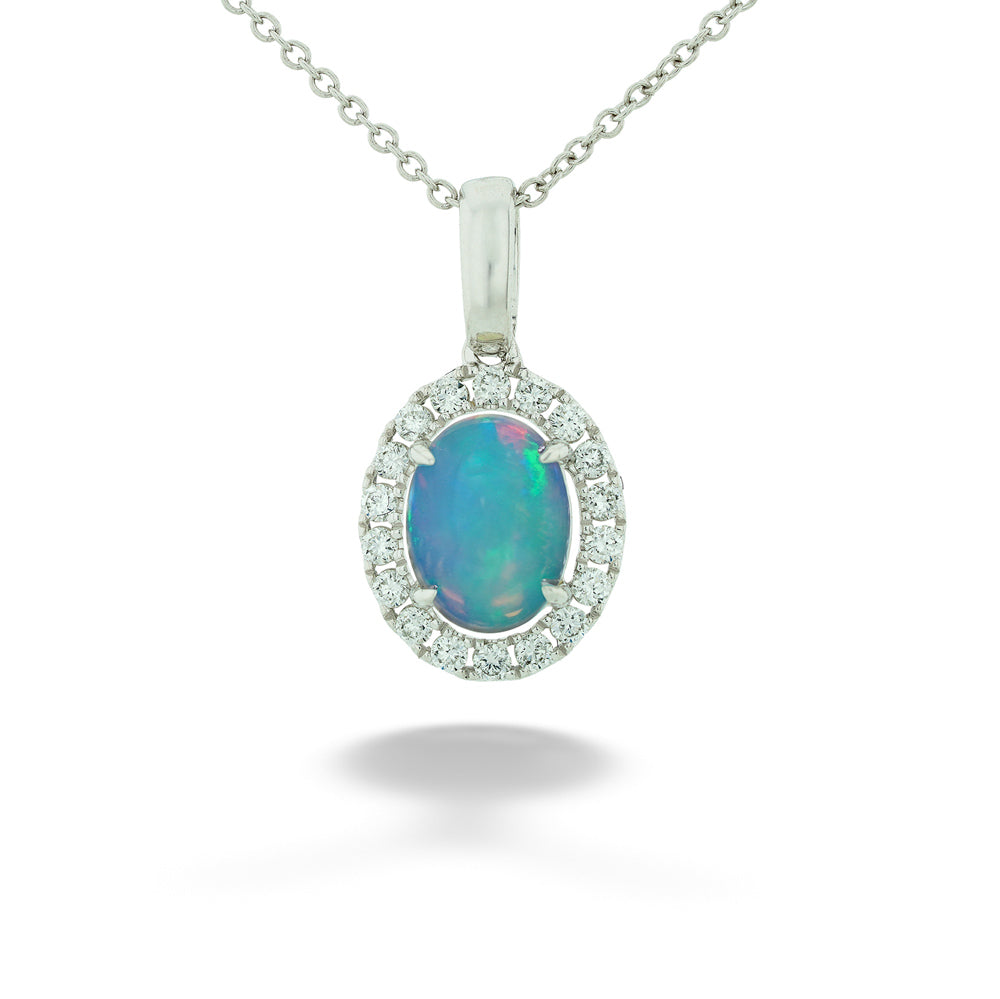  14K White Gold 0.63ct Opal and 0.20tdw Diamond Pendant and Chain