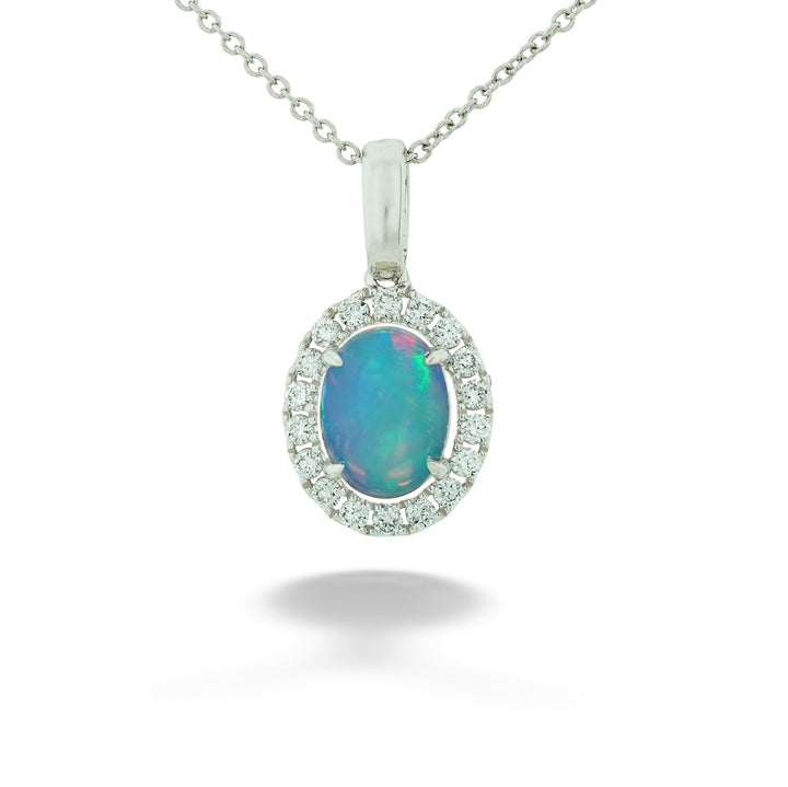  14K White Gold 0.63ct Opal and 0.20tdw Diamond Pendant and Chain