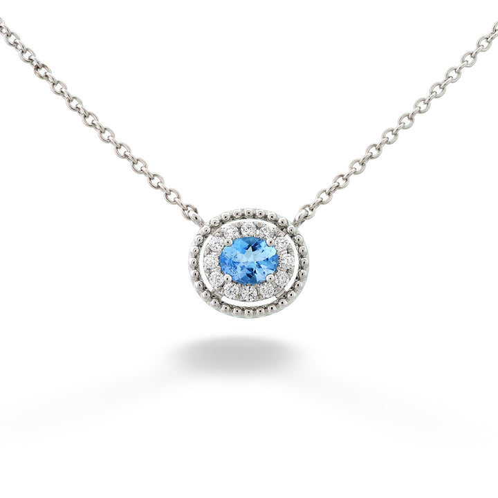 Aquamarine with Diamond Halo Beaded Edge Necklace