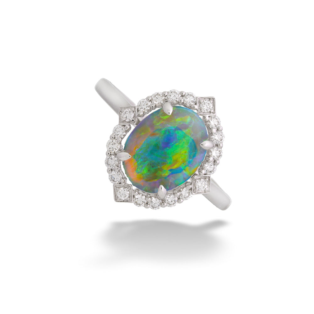  14K White Gold Opal Ring with Diamond Halo 