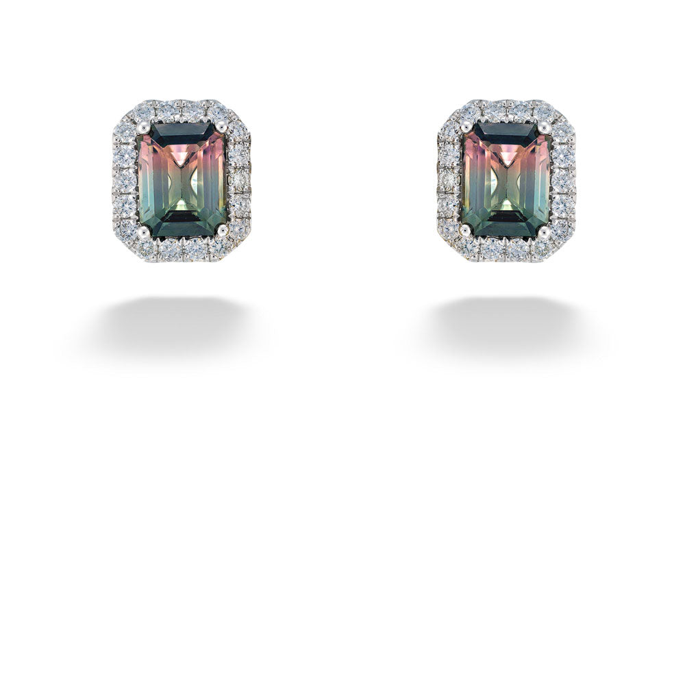 Bi Color Tourmaline & Diamond Halo Stud Earrings