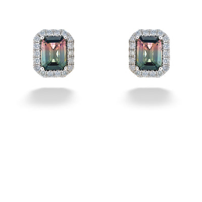 Bi Color Tourmaline & Diamond Halo Stud Earrings