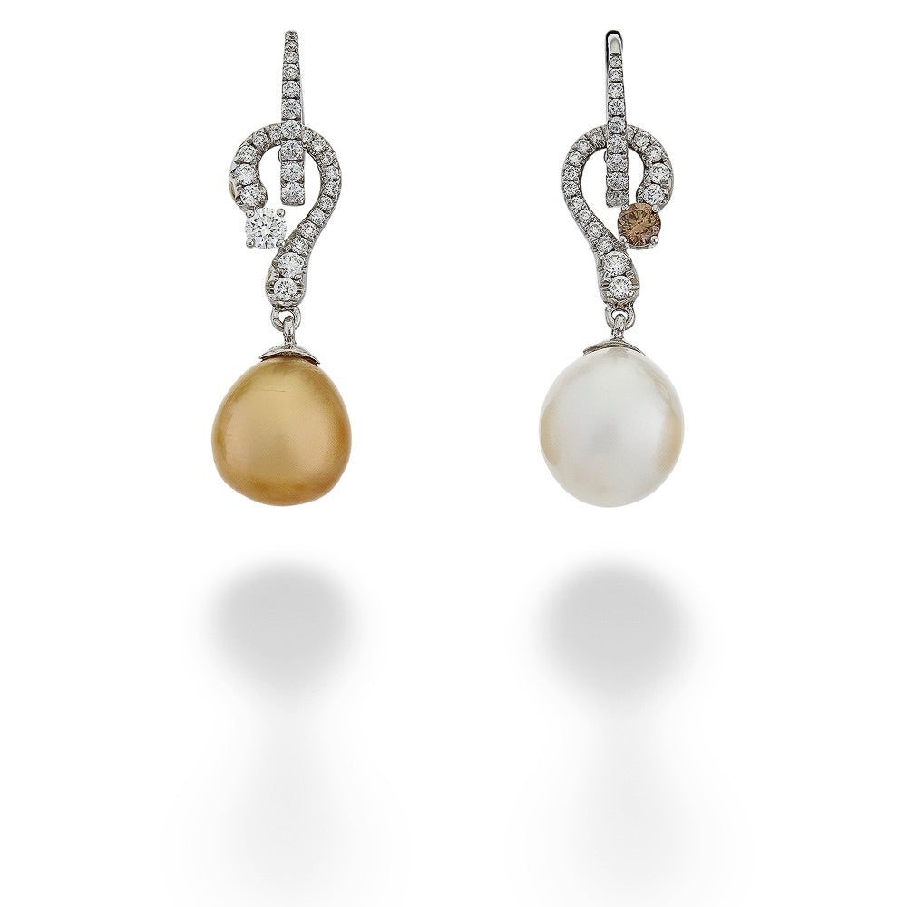 White & Yellow Pearl Drop Earrings with White & Brown Diamond Accents