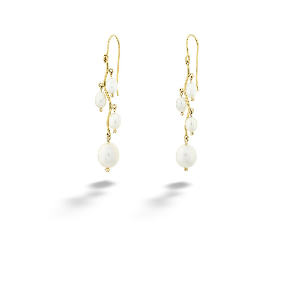 Gold earrings with white pearls on a white background Pearl Branch Drop Earrings
