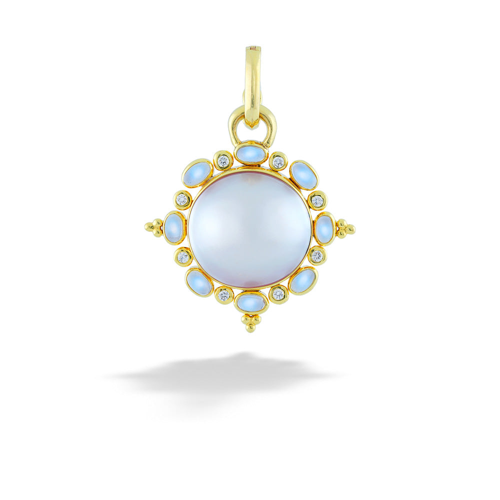 Mobe Pearl with Moonstone and Diamond Halo Pendant by Mazza