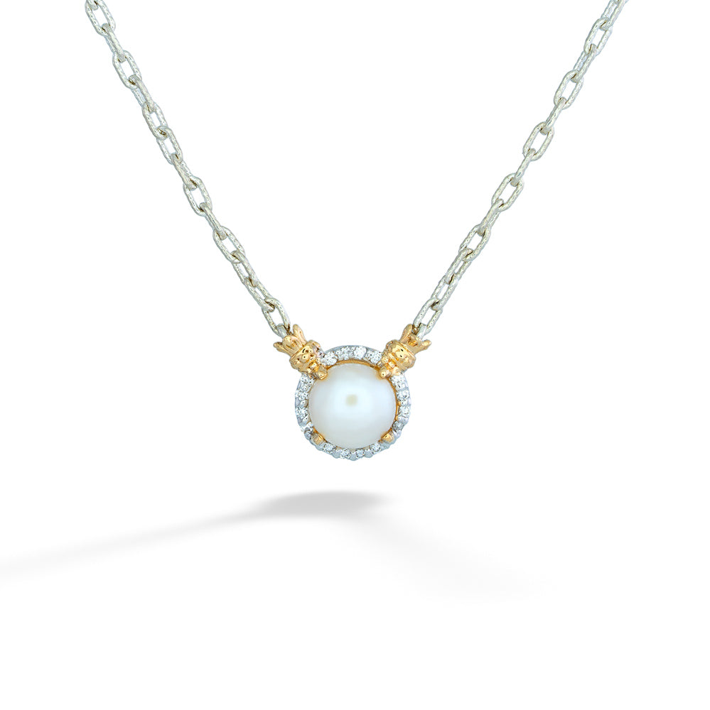 White Pearl and Diamond Halo Necklace by Vahan