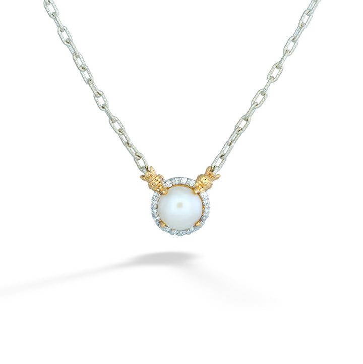 White Pearl and Diamond Halo Necklace by Vahan