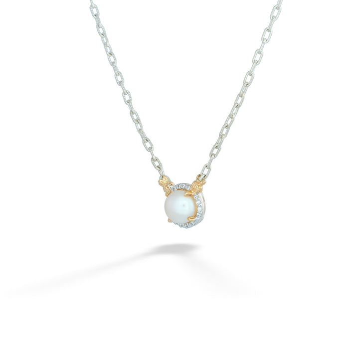 White Pearl and Diamond Halo Necklace by Vahan
