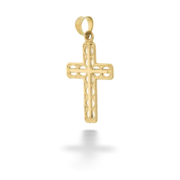 Gold cross pendant on a white background 14K Gold Fancy Cross Pendant