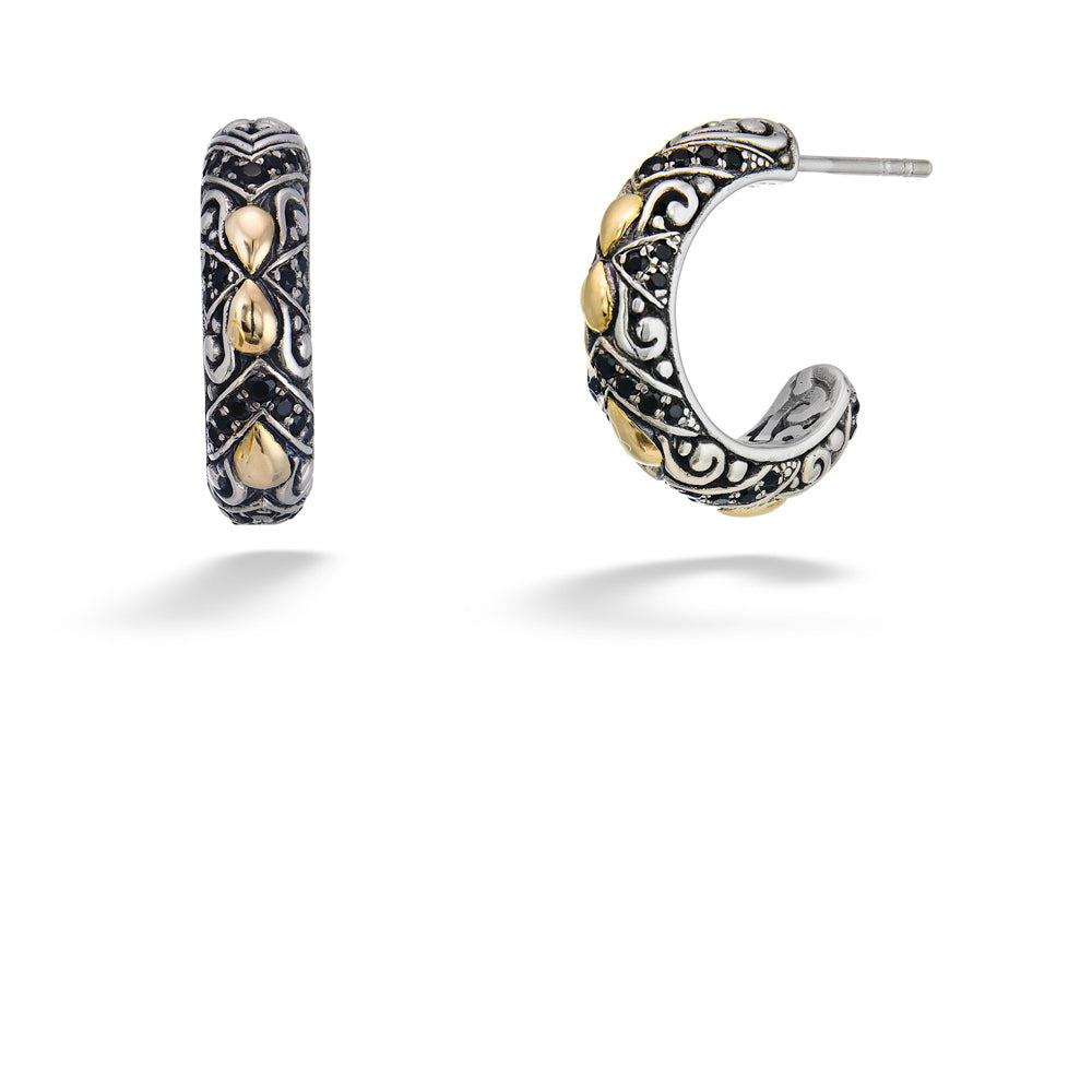 Two-Tone Filigree Hoops with Black Spinel Accents by Samuel B.