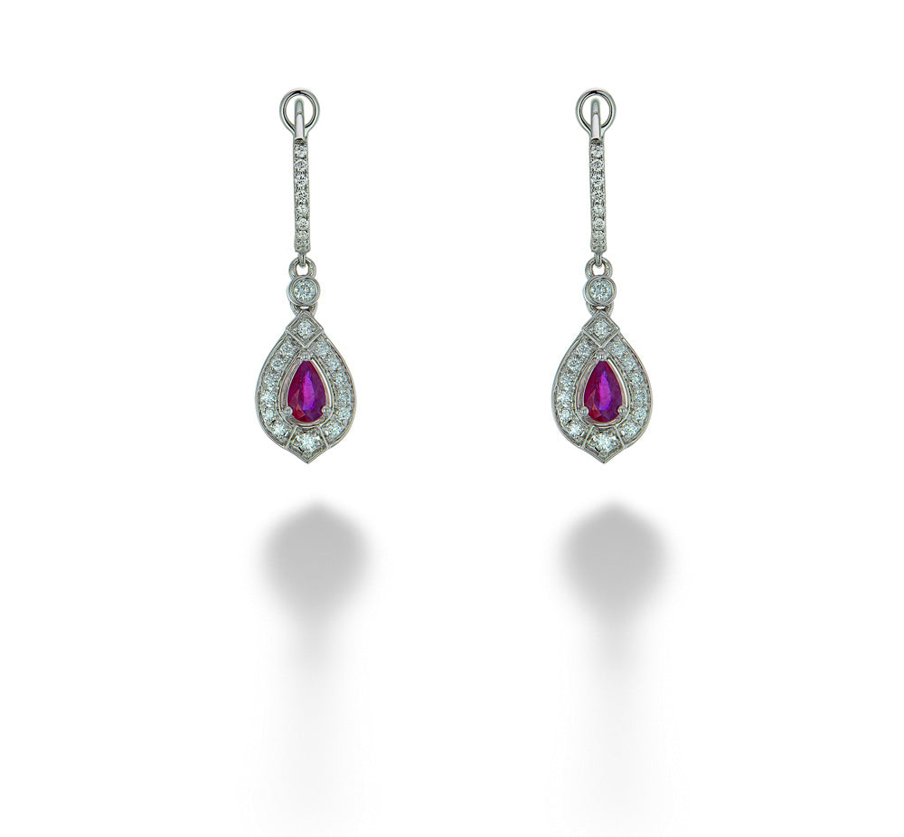 Pear Shaped Rubies & Diamond Dangle Earrings