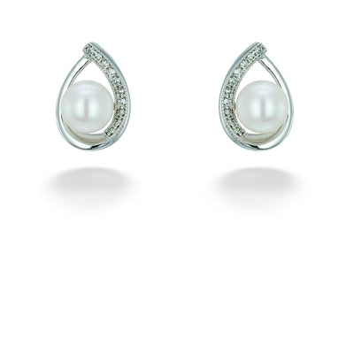 Fresh Water Pearl & Diamond Teardrop Shaped Earrings