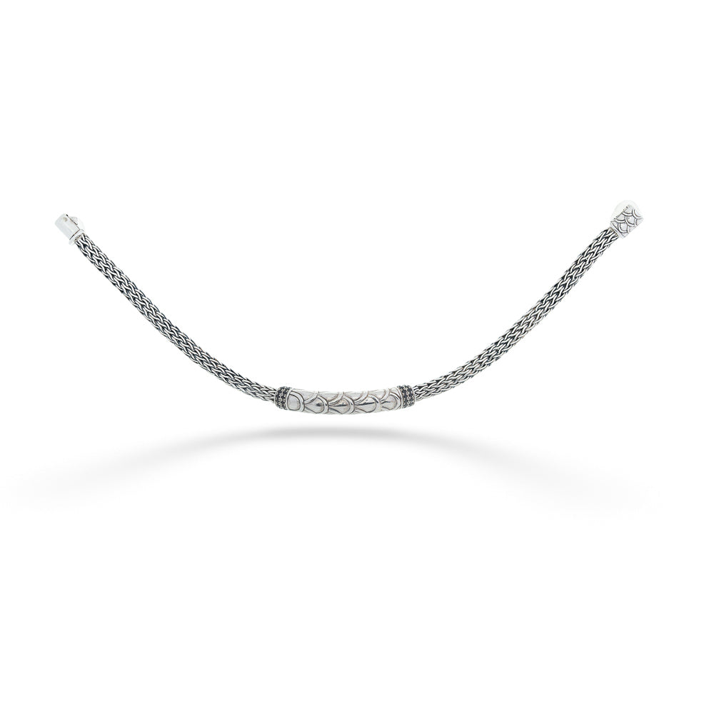 Silver chain bracelet on a white background Tulang Naga Bar Bracelet with Black Spinel by Samuel B.