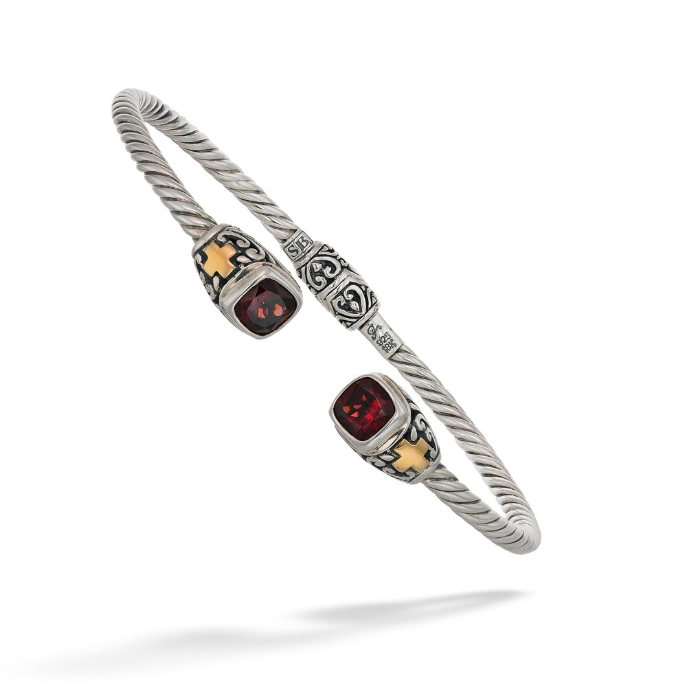 Square Design Open Bangle with Garnets by Samuel B.