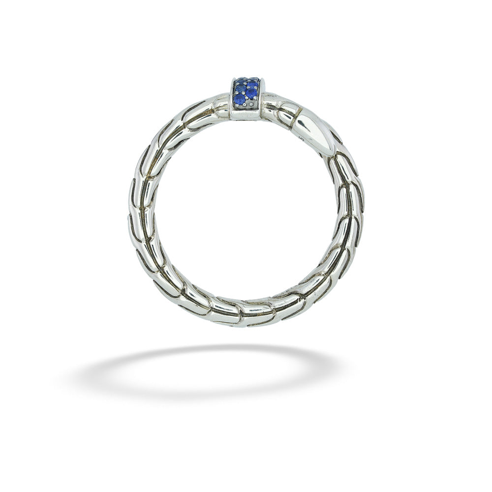 Silver ring with a blue gemstone on a white background Spear Wrap Ring with Blue Sapphire by John Hardy