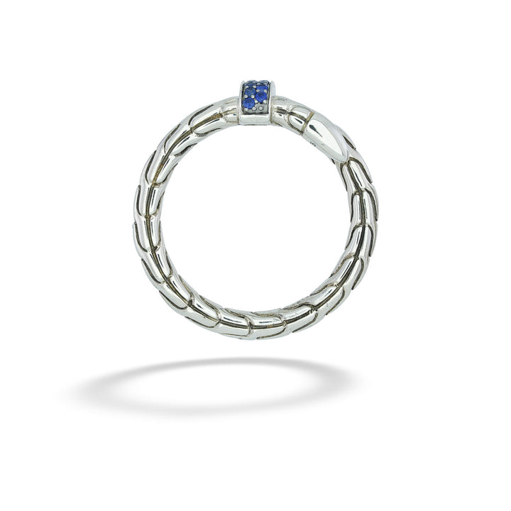 Silver ring with a blue gemstone on a white background Spear Wrap Ring with Blue Sapphire by John Hardy