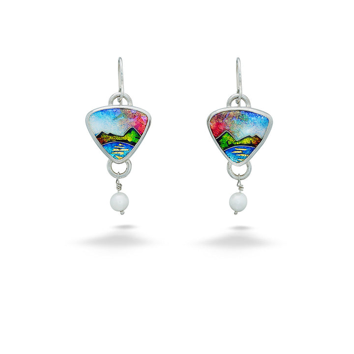 Enameled Mountain Lake Earrings with Pearl Dangle by Ricky Frank