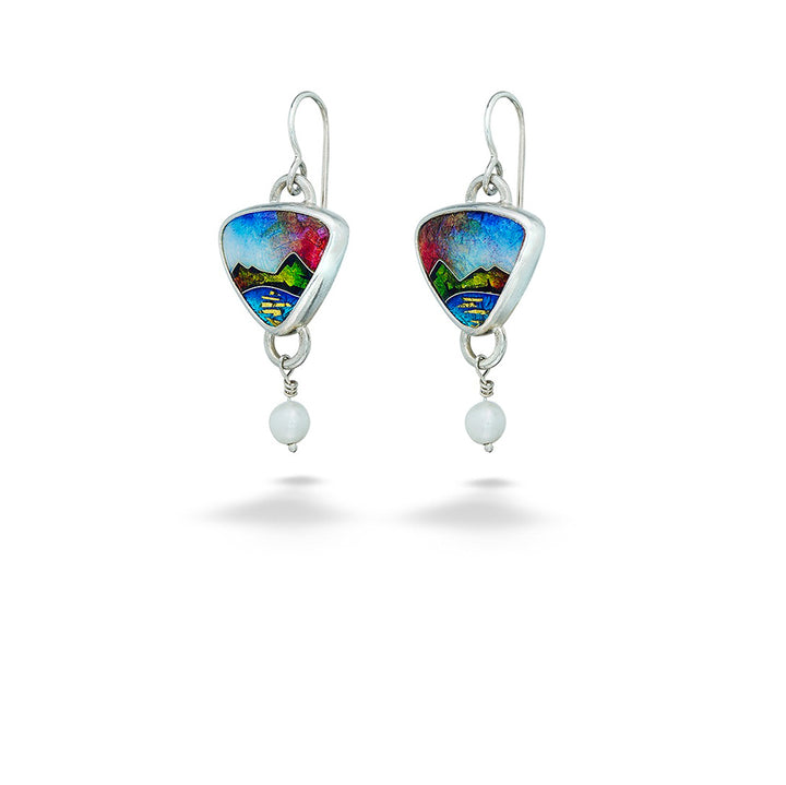 Enameled Mountain Lake Earrings with Pearl Dangle by Ricky Frank