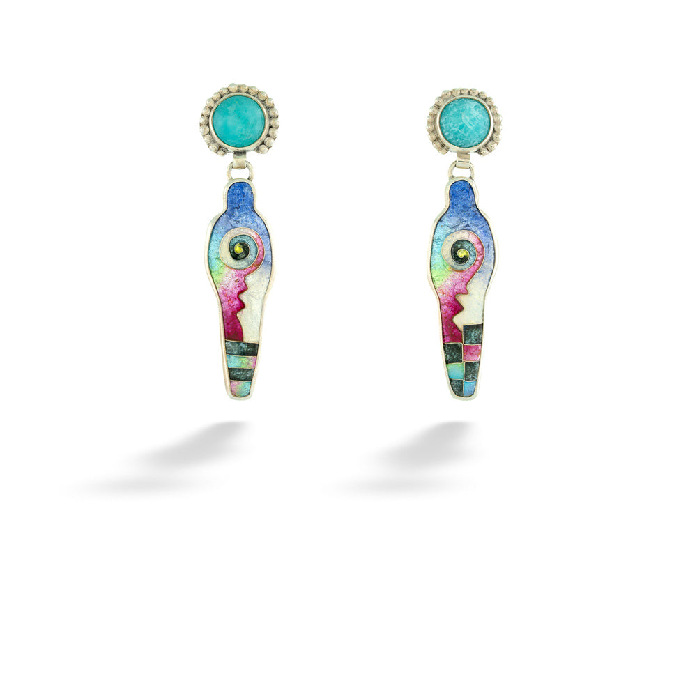 Chrysocolla and Enameled Figure Earrings by Ricky Frank
