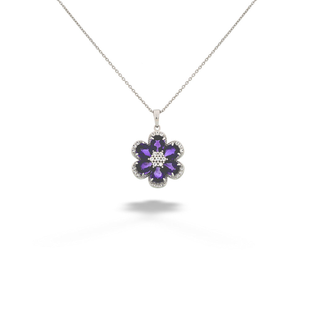 Amethyst and White Topaz Flower Pendant Necklace by Samuel B.