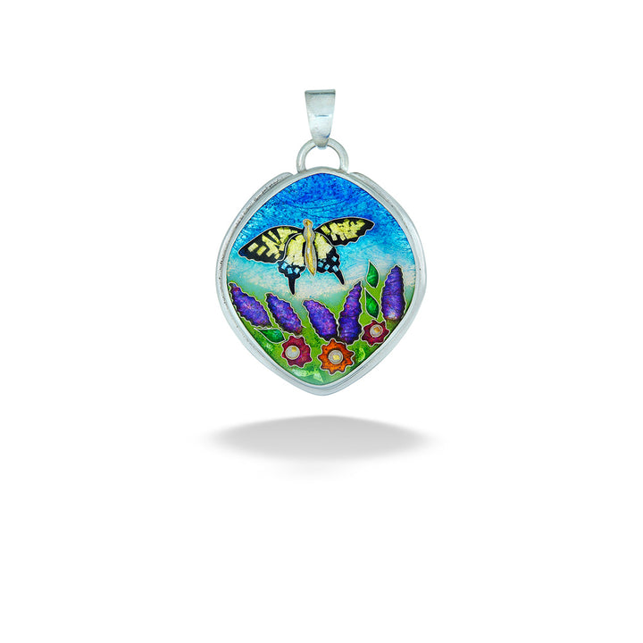 Enameled Swallowtail Butterfly Garden Scene Pendant by Ricky Frank