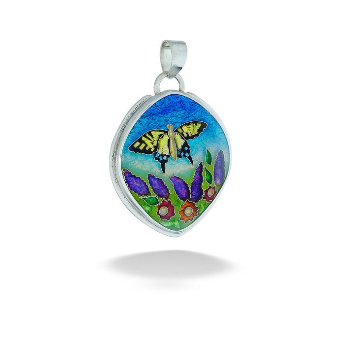 Enameled Swallowtail Butterfly Garden Scene Pendant by Ricky Frank