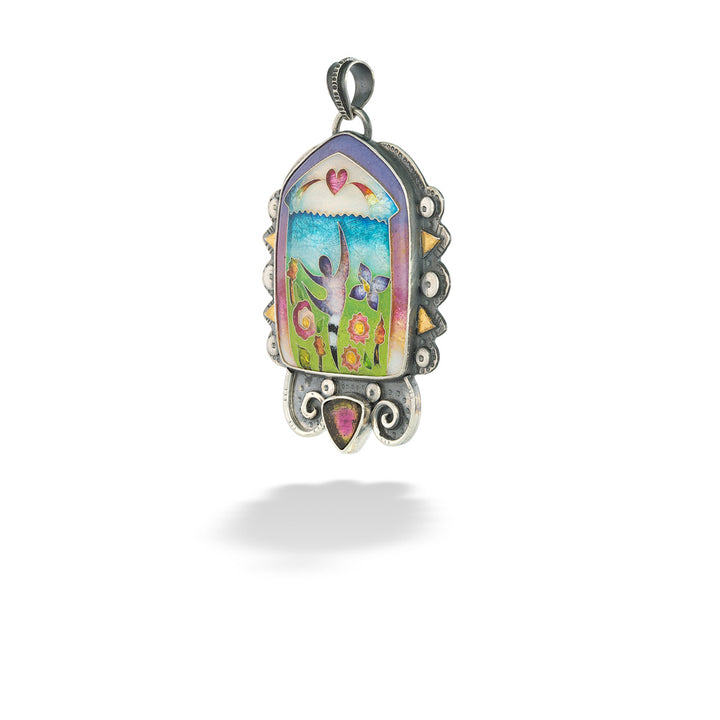 Colorful pendant with a fairy scene on a white background Dancer in Flowers Enameled Pendant by Ricky Frank