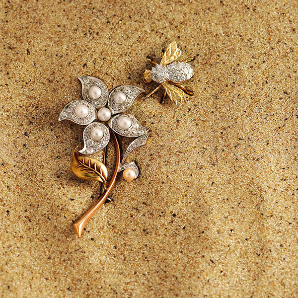 Estate flower pin and estate bee pin