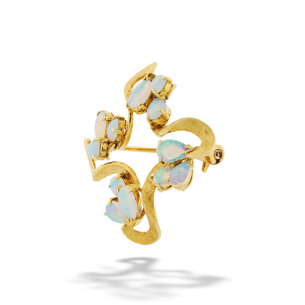 Gold brooch with opal stones on a white background "Square Swirl" Brooch with Opal Clusters