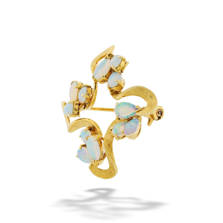 Gold brooch with opal stones on a white background "Square Swirl" Brooch with Opal Clusters