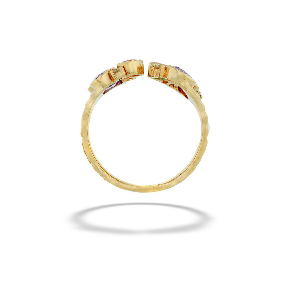 Gold ring with embedded gemstones on a white background "Watercolors" Sapphire and Diamond Cluster Ring